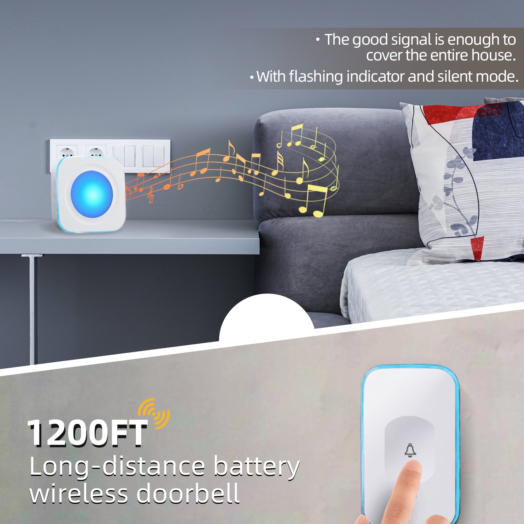 Wireless Doorbell Battery Powered 1200ft With Flashing Light White Jsieem